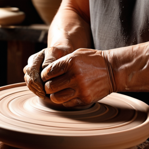 Home 11 **
A potter's hands shaping clay on a wheel, creating a vessel. Soft, warm lighting. Focus on the texture of the clay and the motion of the hands. Perhaps add some tools nearby, and a serene expression on the potter's face.
**