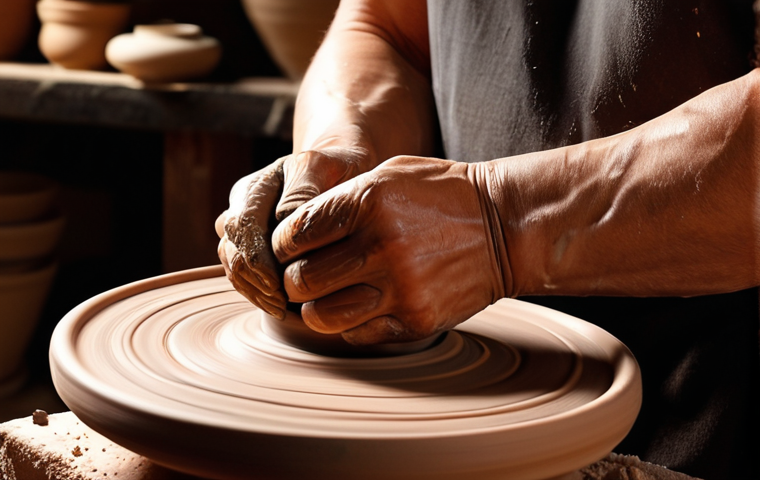 **

A potter's hands shaping clay on a wheel, creating a vessel. Soft, warm lighting. Focus on the texture of the clay and the motion of the hands. Perhaps add some tools nearby, and a serene expression on the potter's face.

**