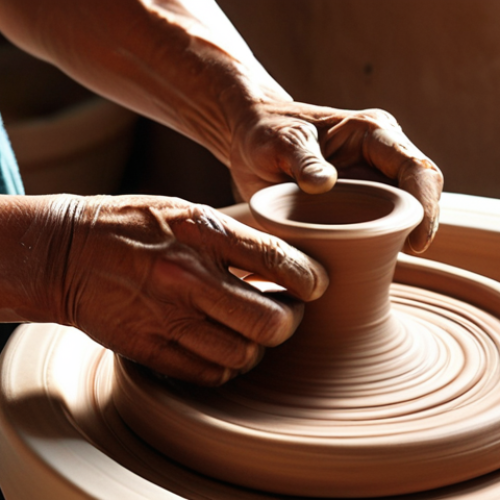 Home 6 **A potter's hands shaping clay on a spinning wheel, bathed in warm, natural light. Focus on the texture of the clay and the artisan's skillful touch. Arabic pottery motifs in the background.** (Emphasis on the artistry and traditional aspect.)