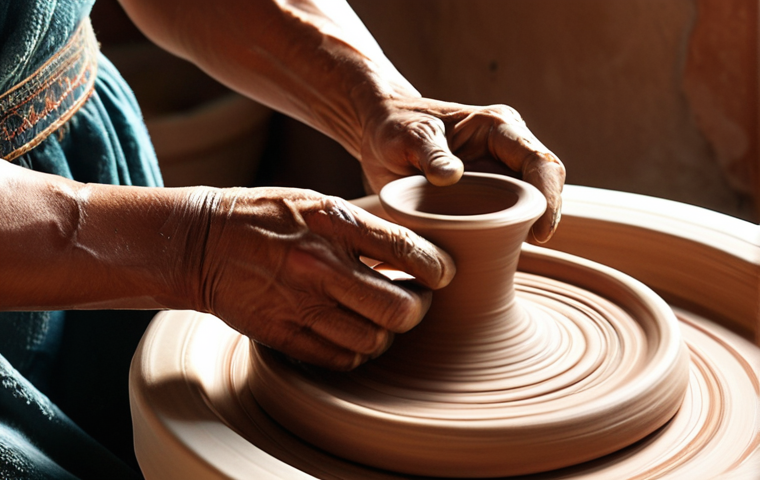 **A potter's hands shaping clay on a spinning wheel, bathed in warm, natural light. Focus on the texture of the clay and the artisan's skillful touch. Arabic pottery motifs in the background.** (Emphasis on the artistry and traditional aspect.)