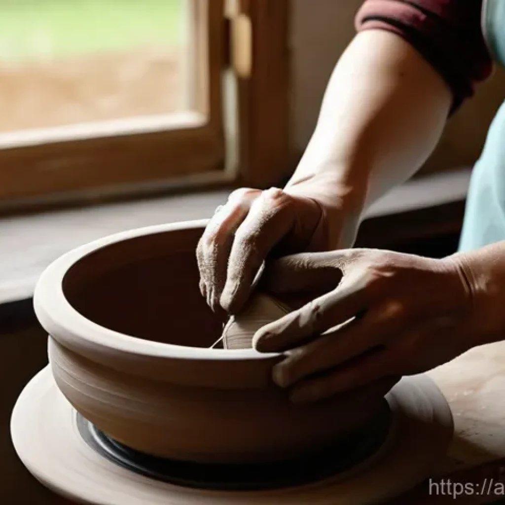 미술세라믹 직장생활 만족도 - **Prompt:** A close-up shot of an artist's hands, gently shaping a delicate clay pot on a pottery wh...