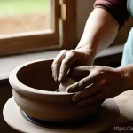 Home 15 미술세라믹 직장생활 만족도 - **Prompt:** A close-up shot of an artist's hands, gently shaping a delicate clay pot on a pottery wh...