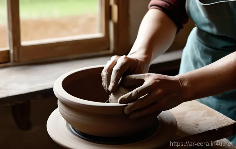 미술세라믹 직장생활 만족도 - **Prompt:** A close-up shot of an artist's hands, gently shaping a delicate clay pot on a pottery wh...