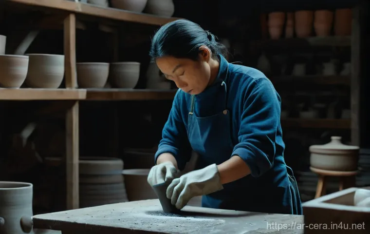 미술세라믹 직장생활 만족도 - **Prompt:** A close-up shot of an artist's hands, gently shaping a delicate clay pot on a pottery wh...