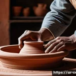 세라믹 디자인 창의성 기법 - A traditional ceramic artist&rsquo;s studio scene inspired by Arabic heritage, featuring hands shaping whi...