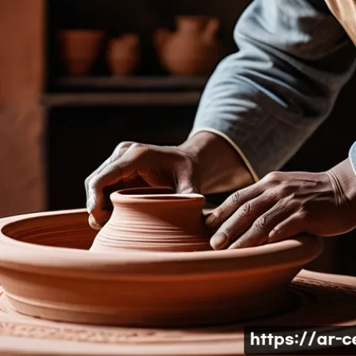 세라믹 디자인 창의성 기법 - A traditional ceramic artist&rsquo;s studio scene inspired by Arabic heritage, featuring hands shaping whi...