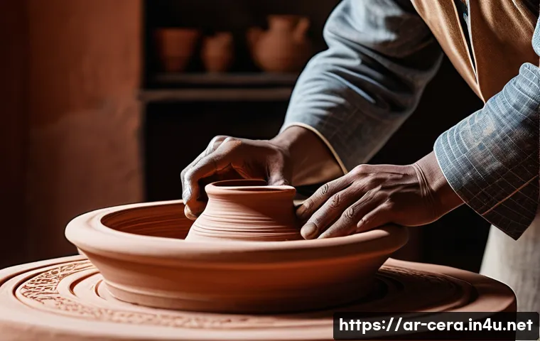 세라믹 디자인 창의성 기법 - A traditional ceramic artist’s studio scene inspired by Arabic heritage, featuring hands shaping whi...