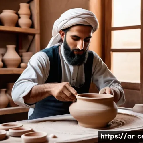 세라믹 디자인 제작 과정 - A traditional Middle Eastern ceramic artisan workshop scene, featuring an Arab male potter wearing m...