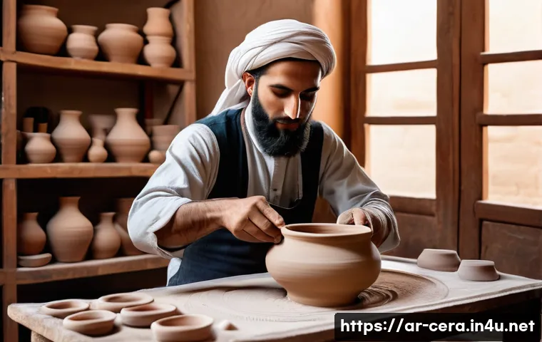 세라믹 디자인 제작 과정 - A traditional Middle Eastern ceramic artisan workshop scene, featuring an Arab male potter wearing m...