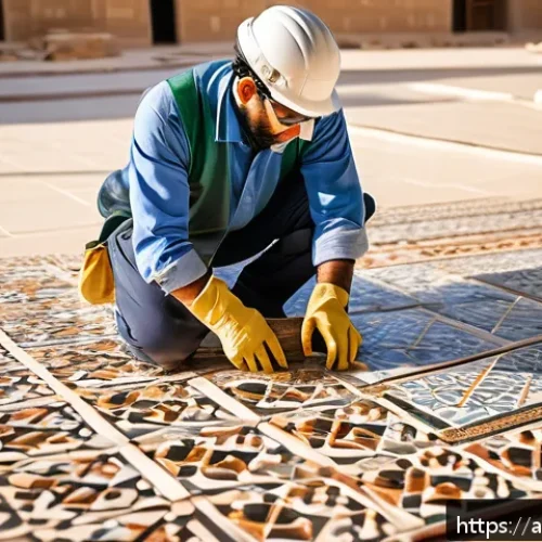 세라믹 분야 연봉 협상 전략 - A skilled Middle Eastern ceramic installer wearing professional work attire, including durable glove...