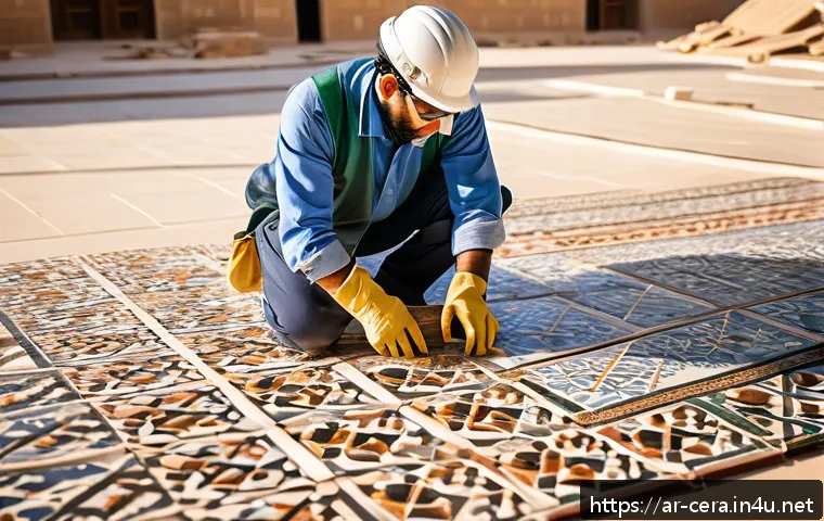 세라믹 분야 연봉 협상 전략 - A skilled Middle Eastern ceramic installer wearing professional work attire, including durable glove...