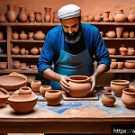 세라믹 작품 제작 실습 - A traditional Middle Eastern ceramic workshop scene showcasing an artisan carefully hand-forming a c...