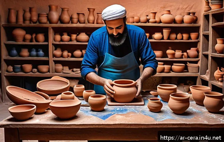 세라믹 작품 제작 실습 - A traditional Middle Eastern ceramic workshop scene showcasing an artisan carefully hand-forming a c...
