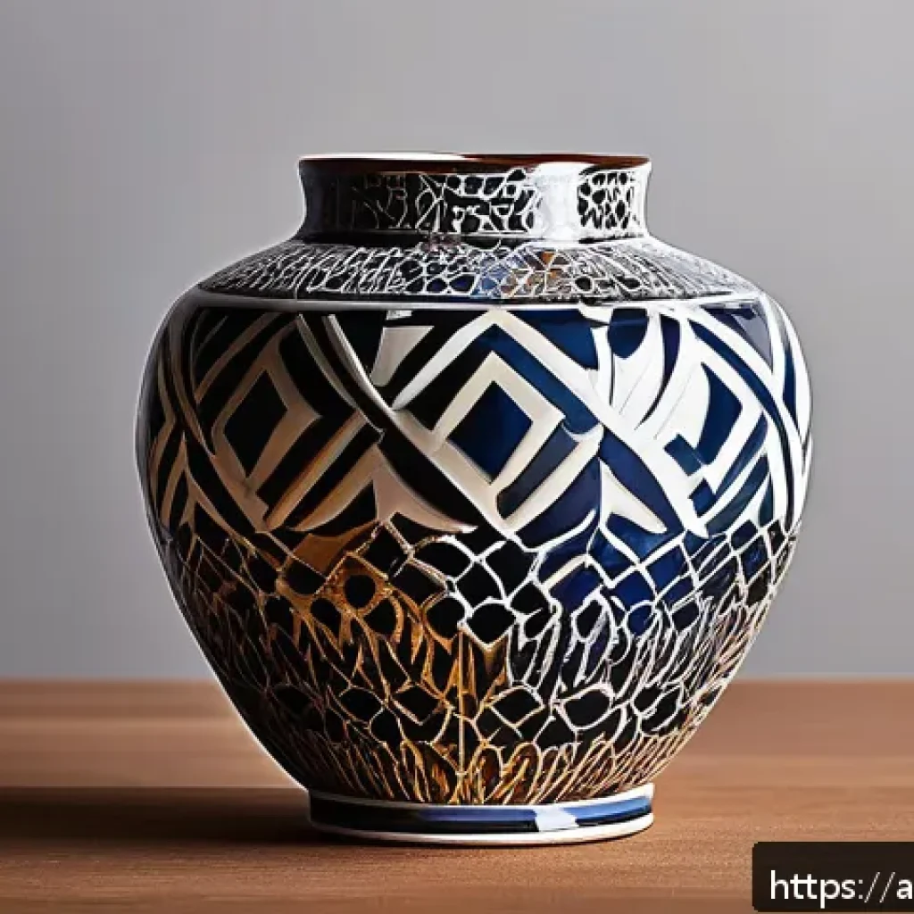 미술세라믹 프로젝트 기획 - A beautifully crafted ceramic vase featuring a fusion of traditional Arabic geometric patterns and m...