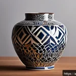 미술세라믹 프로젝트 기획 - A beautifully crafted ceramic vase featuring a fusion of traditional Arabic geometric patterns and m...