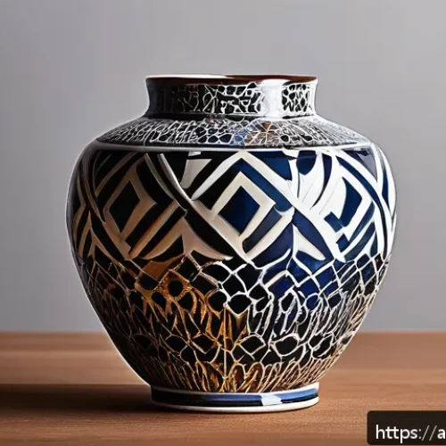 미술세라믹 프로젝트 기획 - A beautifully crafted ceramic vase featuring a fusion of traditional Arabic geometric patterns and m...