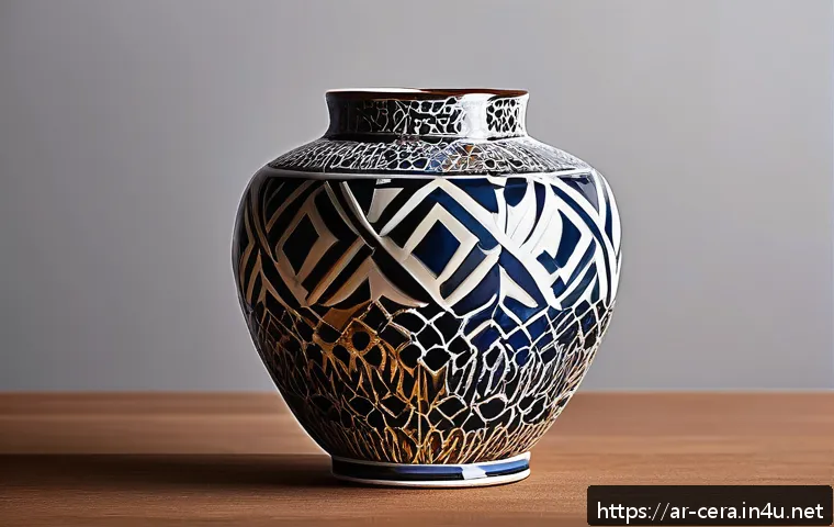 미술세라믹 프로젝트 기획 - A beautifully crafted ceramic vase featuring a fusion of traditional Arabic geometric patterns and m...